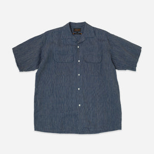 Beams+ - OPEN COLLAR LINEN STRIPE SHIRT- INDIGO -  - Main Front View