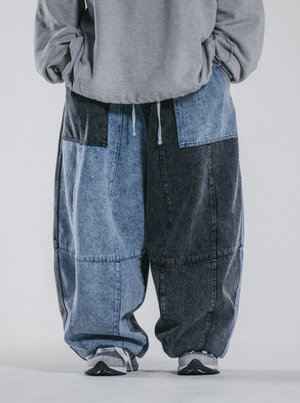 Anglan - DENIM MIX FATIGUE BALLOON PANTS - BLUE / GREY -  - Main Front View