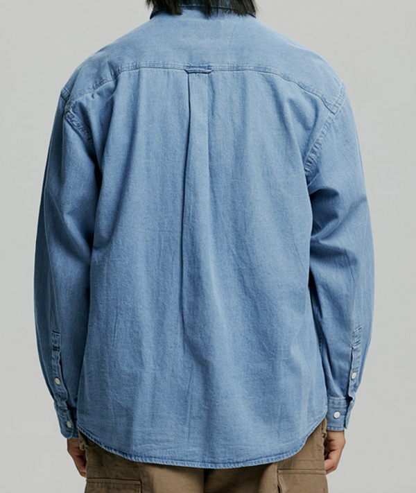 BLEACHED DENIM UTILITY SHIRT - MID BLUE