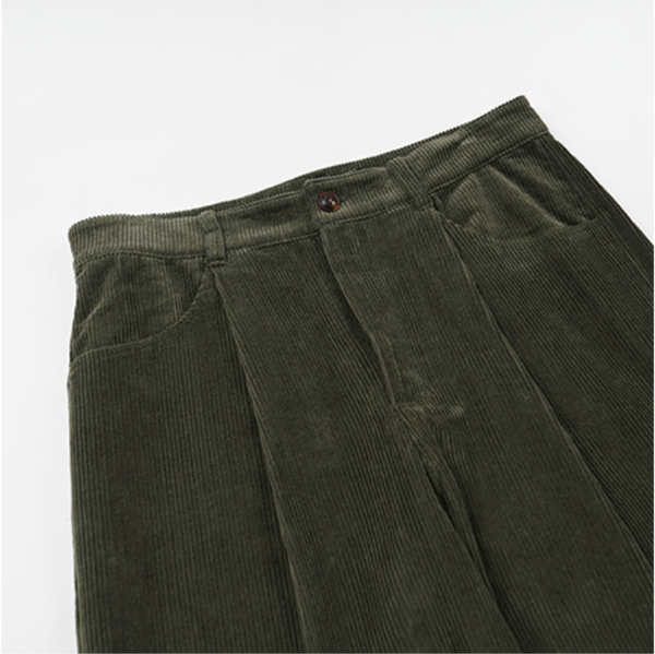 CORDUROY WIDE ONE TUCK PANTS - OLIVE