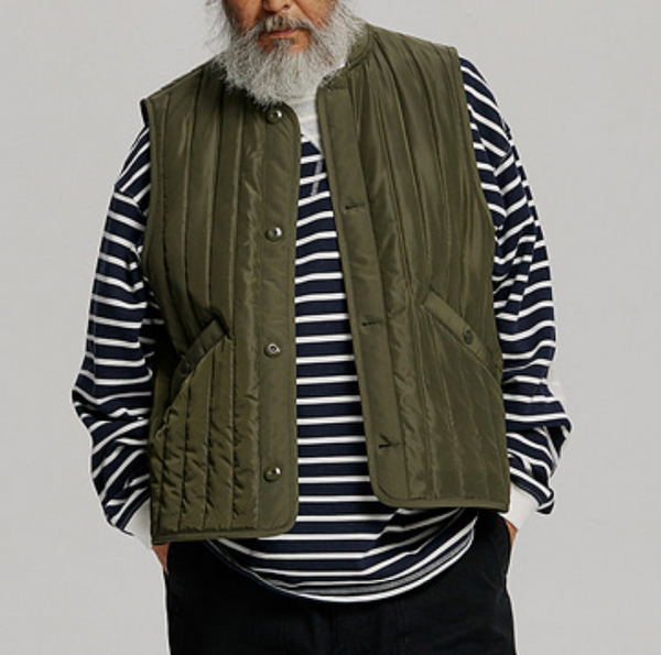 STRIPE QUILT MIL LINER VEST - OLIVE