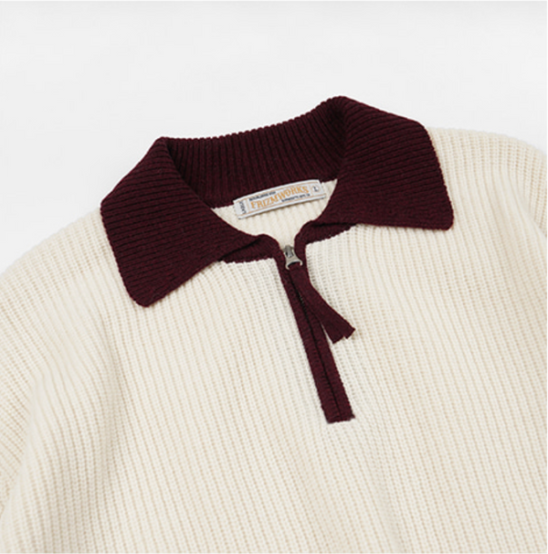 CONTRAST COLLAR HALF ZIP KNIT - CREAM