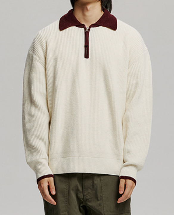 CONTRAST COLLAR HALF ZIP KNIT - CREAM