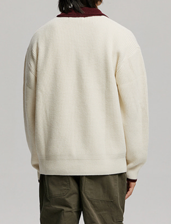 CONTRAST COLLAR HALF ZIP KNIT - CREAM