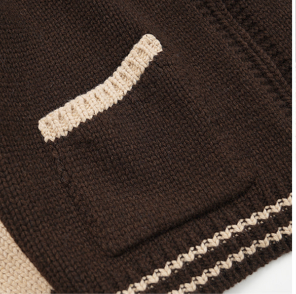 WOOL VARSITY CARDIGAN - BROWN/TAN