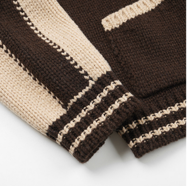 WOOL VARSITY CARDIGAN - BROWN/TAN