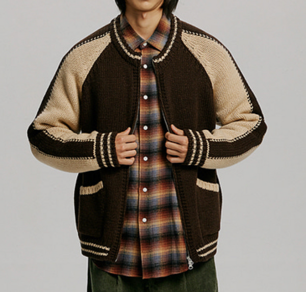 WOOL VARSITY CARDIGAN - BROWN/TAN