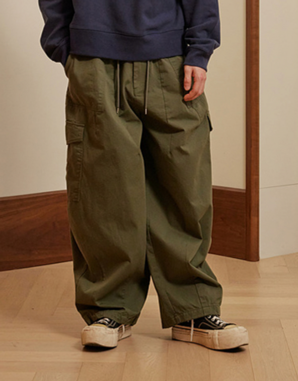 TWILL CARGO BALLOON PANTS - OLIVE