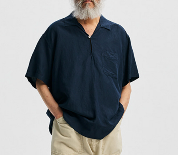 VENTI LINEN MIX POPOVER SHIRT - NAVY