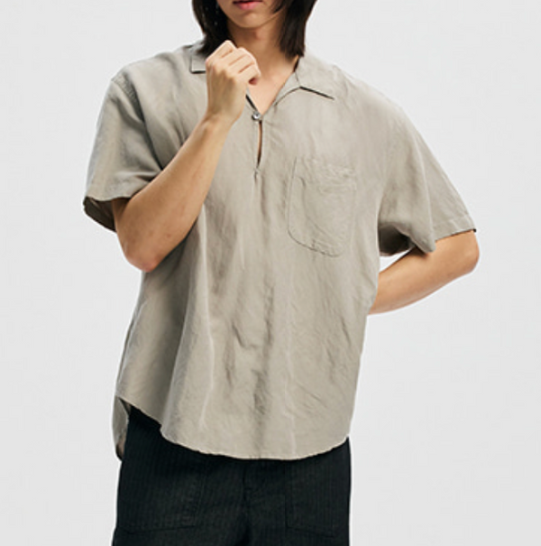 VENTI LINEN MIX POPOVER SHIRT - GREY
