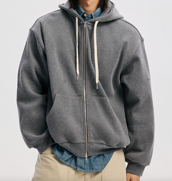 WAFFLE ZIP UP HOODIE - GREY