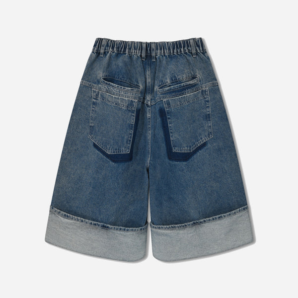 TURN UP DENIM HALF PANTS - WASHED DENIM