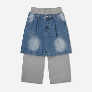 Anglan - DENIM LAYERED SWEAT PANTS - MELANGE GREY -  - Main Front View