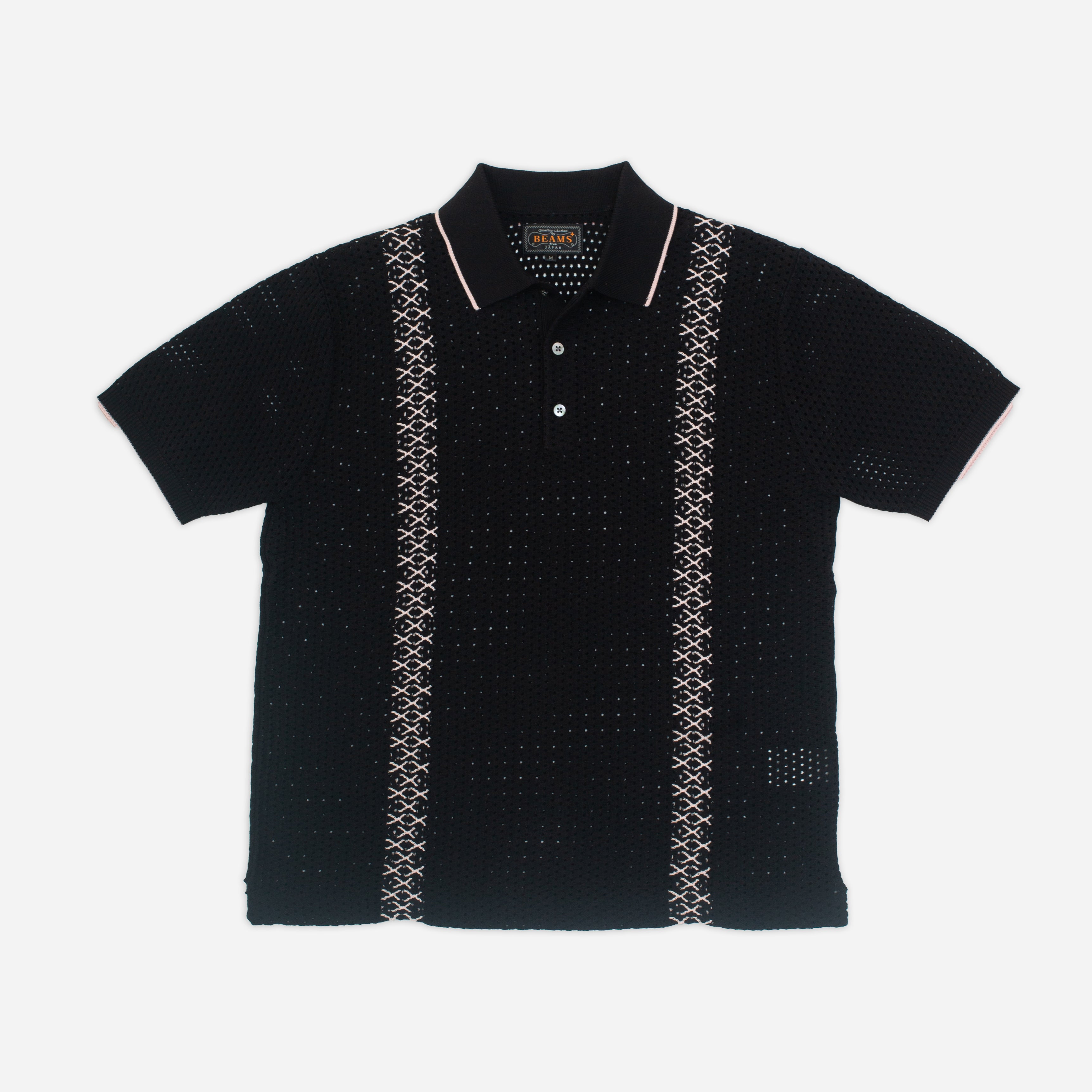 Beams+ KNITTED MESH STRIPE POLO SHIRT - BLACK - The Great Divide
