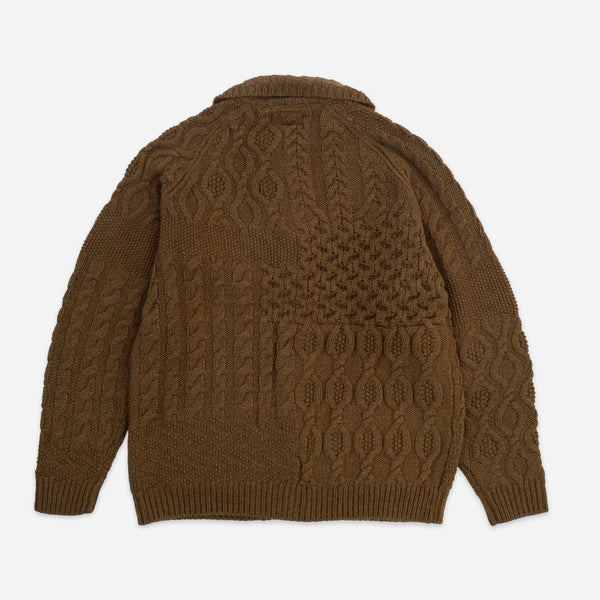 ALAN CABLE KNIT PATCHWORK CARDIGAN - BROWN