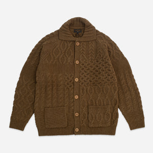 Beams+ - ALAN CABLE KNIT PATCHWORK CARDIGAN - BROWN -  - Main Front View
