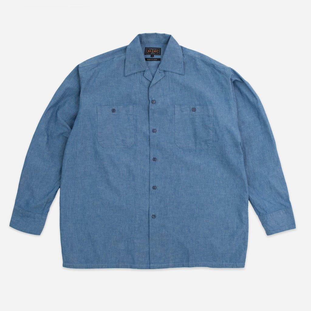 Beams+ MIL OPEN COLLAR CHAMBRAY SHIRT - SAX BLUE - The Great Divide