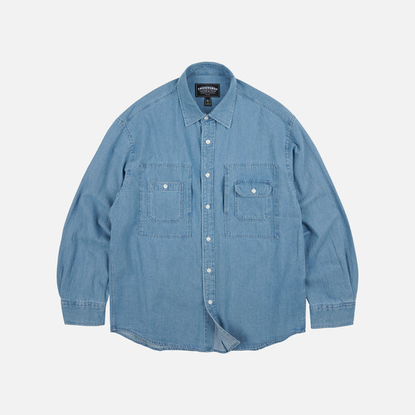BLEACHED DENIM UTILITY SHIRT - MID BLUE