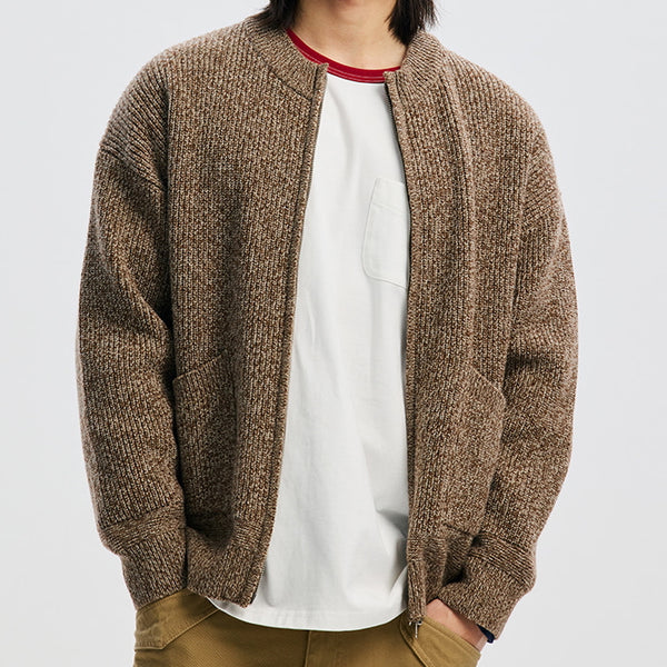 TWEED ZIP UP CARDIGAN - BROWN