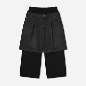 Anglan - DENIM LAYERED SWEAT PANTS - BLACK -  - Main Front View