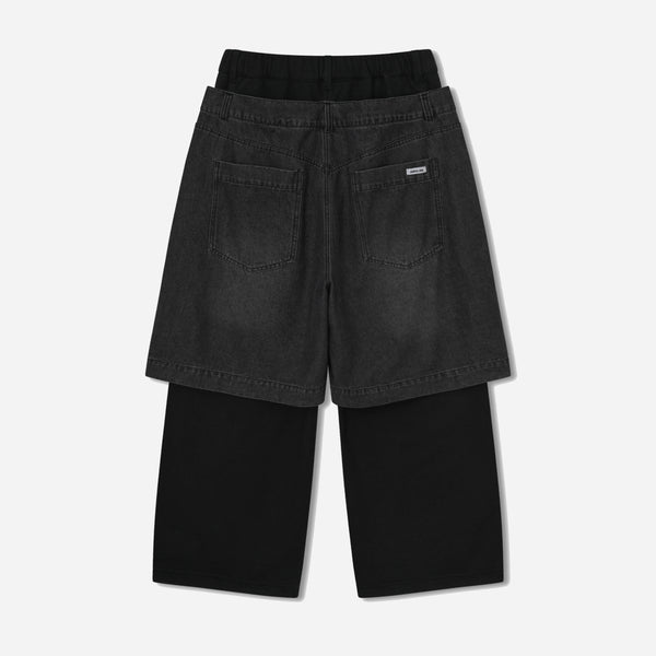 DENIM LAYERED SWEAT PANTS - BLACK