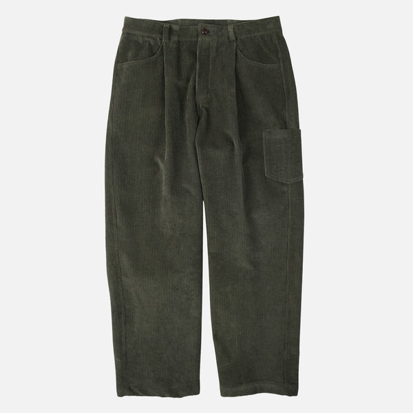 CORDUROY WIDE ONE TUCK PANTS - OLIVE