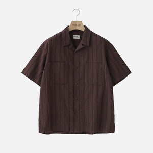 Rough Side - OPEN COLLAR HALF SHIRT - BURGUNDY STRIPE -  - Main Front View