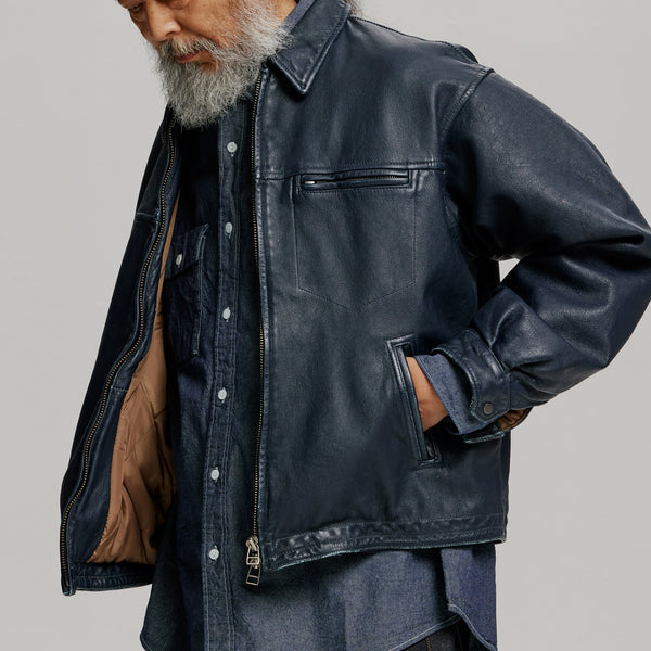 DESTROYED LEATHER JACKET - WASHED NAVY