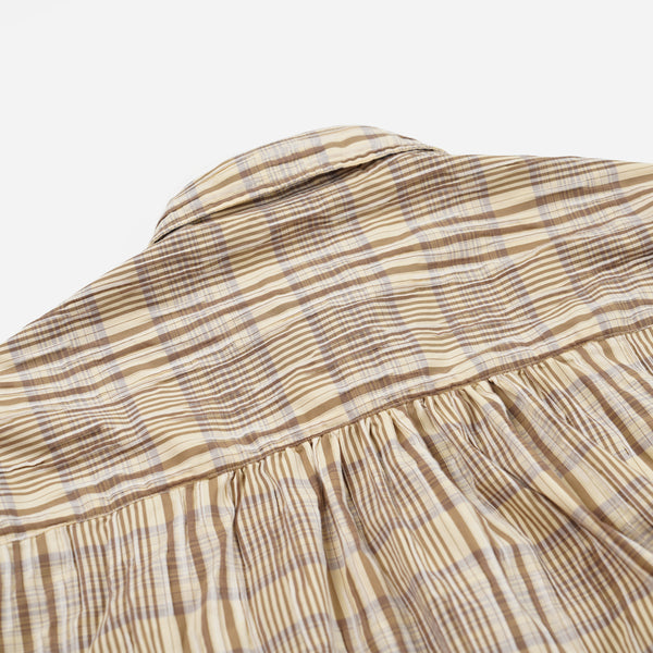 GATHERED SEERSUCKER CHECK SHIRT - BEIGE