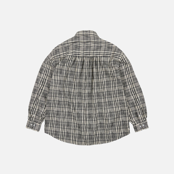 GATHERED SEERSUCKER CHECK SHIRT - BLACK