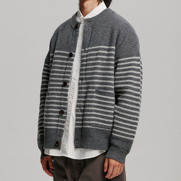 WOOL STRIPE ROUND CARDIGAN - CHARCOAL