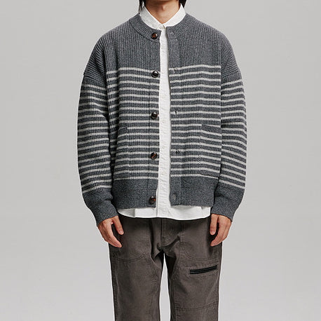 WOOL STRIPE ROUND CARDIGAN - CHARCOAL