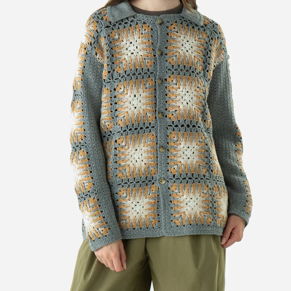 CROCHET POLO BUTTON KNIT - MUSTARD/GREY