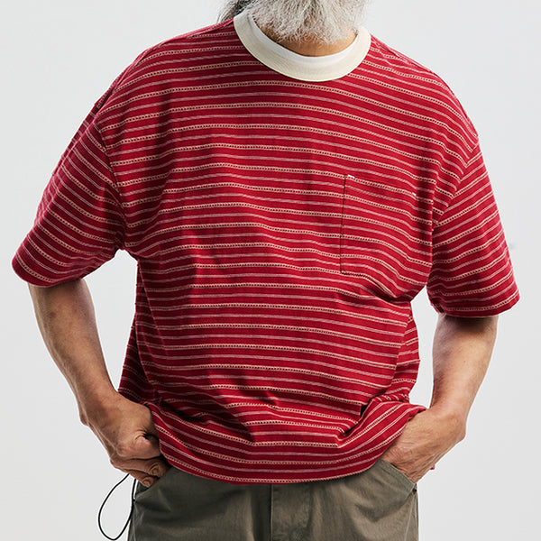 JACQUARD STRIPE HALF T-SHIRT - BURGUNDY