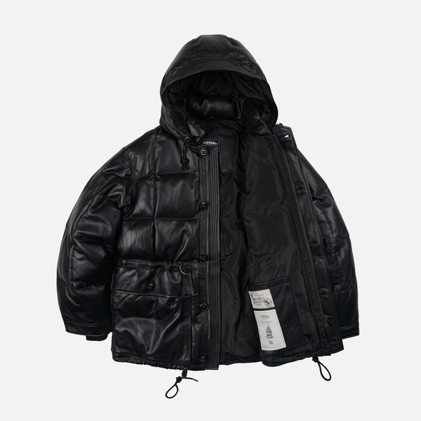 LEATHER KARAKORAM GOOSE DOWN PARKA JACKET - BLACK