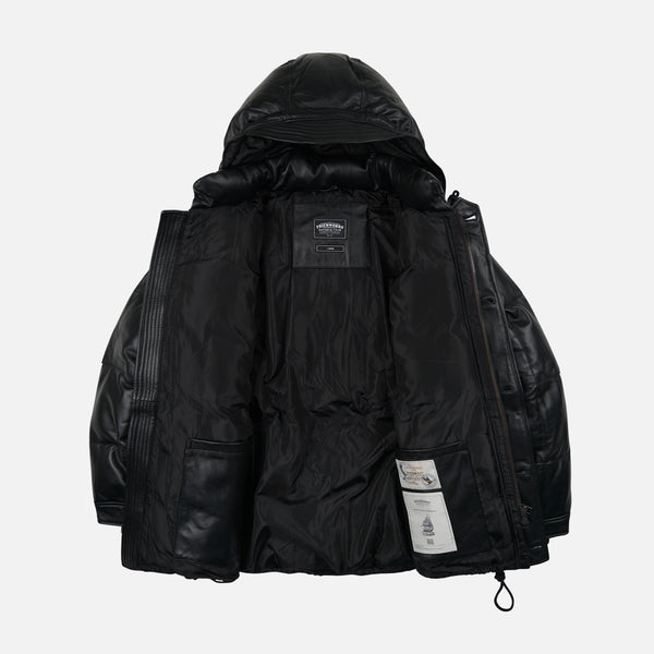LEATHER KARAKORAM GOOSE DOWN PARKA JACKET - BLACK