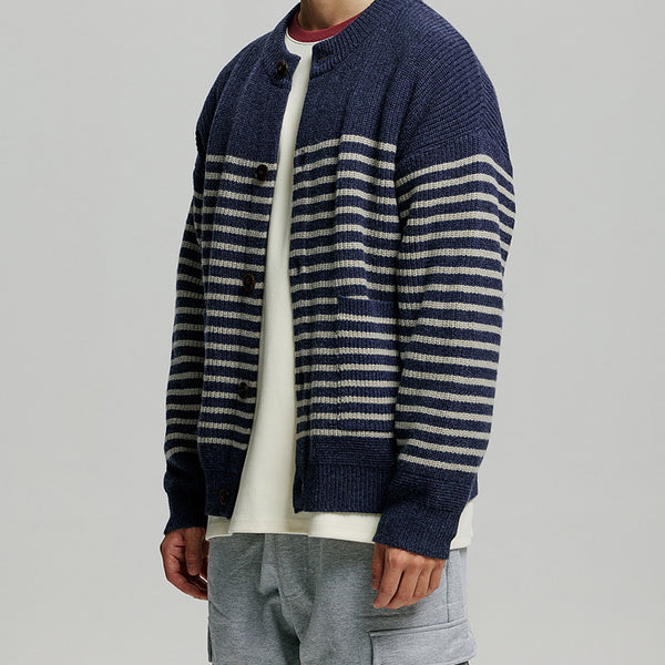 WOOL STRIPE ROUND CARDIGAN - NAVY