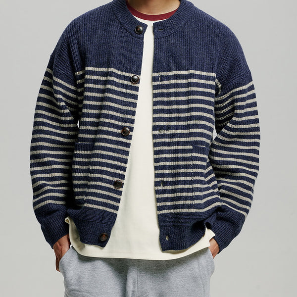 WOOL STRIPE ROUND CARDIGAN - NAVY