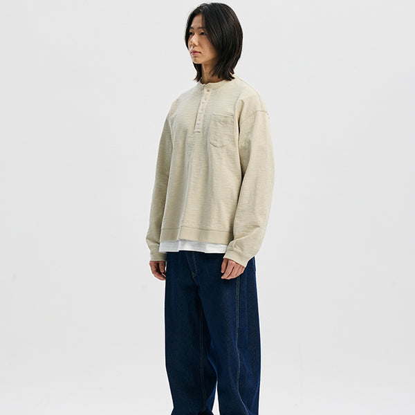 SLUB HENLEY L/S T-SHIRT - KHAKI BEIGE
