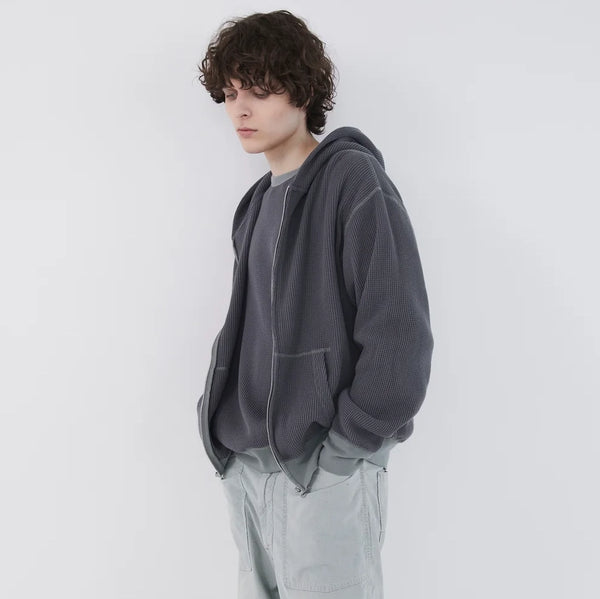 WAFFLE FULL ZIP HOODIE - FADED BLACK