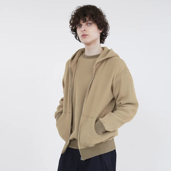 WAFFLE FULL ZIP HOODIE - TAN