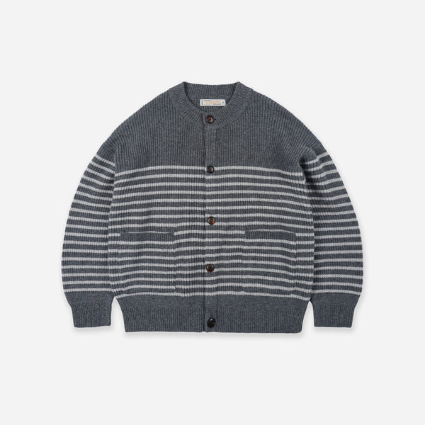 WOOL STRIPE ROUND CARDIGAN - CHARCOAL