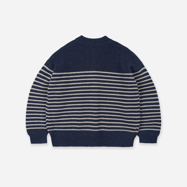 WOOL STRIPE ROUND CARDIGAN - NAVY