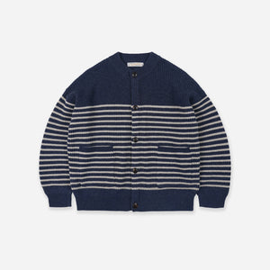 Frizmworks - WOOL STRIPE ROUND CARDIGAN - NAVY -  - Main Front View