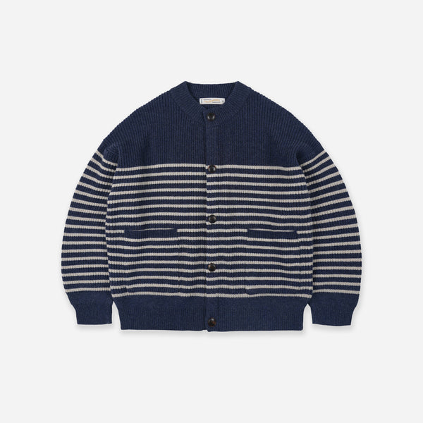 WOOL STRIPE ROUND CARDIGAN - NAVY