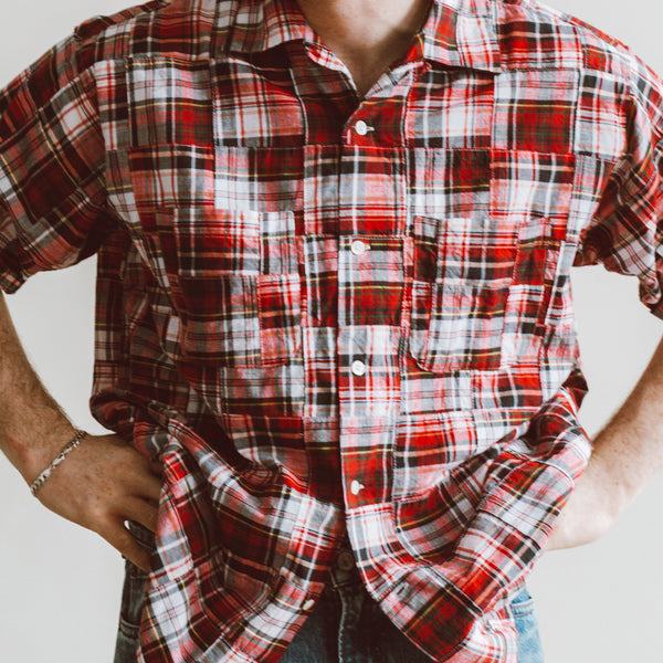 OPEN COLLAR PATCHWORK SHIRT - MADRAS RED