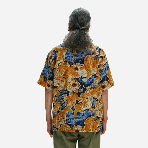 TIGER HAWAIIAN HALF SHIRT - NAVY