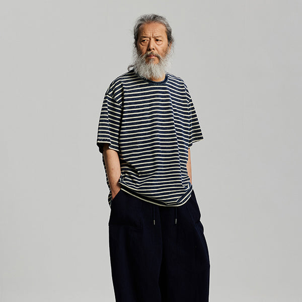 VINTAGE FADED STRIPE HALF T-SHIRT - INDIGO