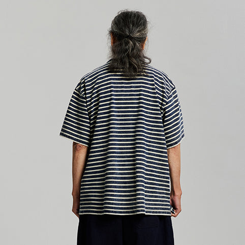 VINTAGE FADED STRIPE HALF T-SHIRT - INDIGO