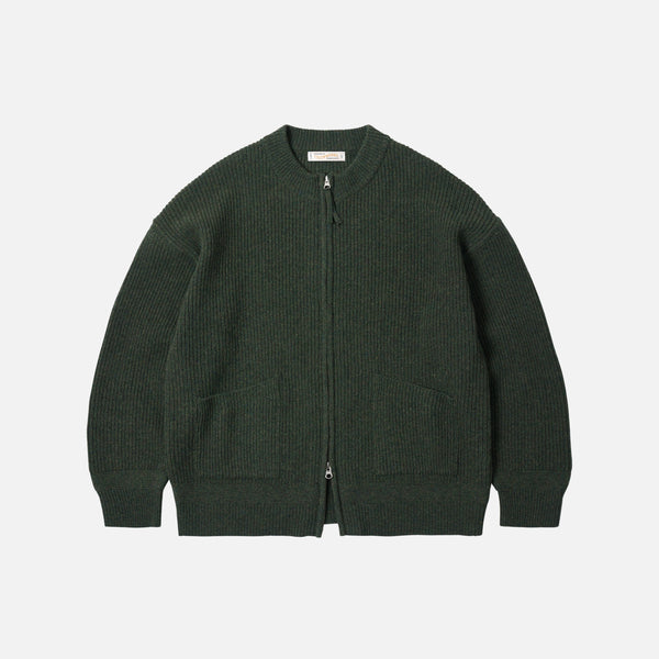 WOOL DECK ZIP UP CARDIGAN - FOREST GREEN